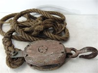 Old Single Place Wood Pulley with Rope