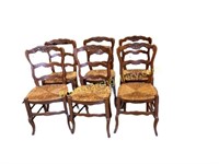 6 French Fruitwood Rush Seat dining chairs