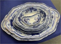 Lot of Flow Blue Porcelain Platters & Bowls.