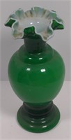 Green over White 11" Fenton Cased glass vase