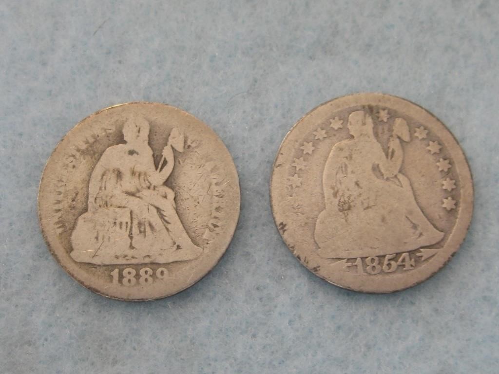2 Liberty Seated Half Dime 90% Silver One W/Arrows