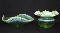 VASELINE RUFFLED BOWL AND GREEN OPALESCENT DISH