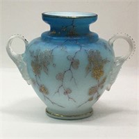 Enamel Decorated Blue Satin Glass Vase