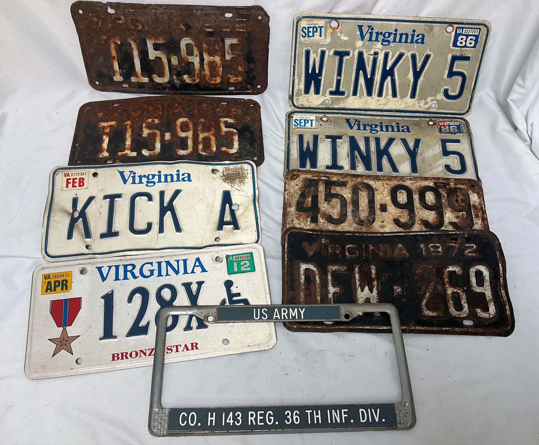 8 Old Vintage License Plates (2 r pairs) & 1 Frame
