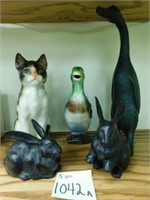 2 Rabbits, Goose, Duck & Cat Figurines