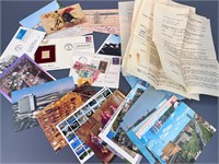 Ephemera Lot - Postcards, Stamps, Bank Receipts