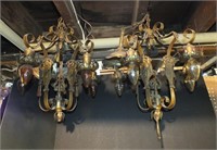 PAIR OF ANTIQUE IRON CHANDLIERS WITH GLASS PRISMS