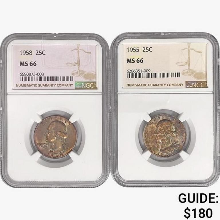 1955 & 1958 Washington Silver Quarter NGC MS66