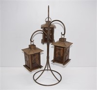 3 Tea Light Candle Metal Lanterns w Stand