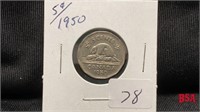 1950, 5 cent Canadian coin
