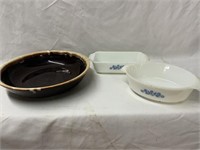 BROWN BOWL AND 2 ANCHOR HOCKING FIRE KING DISHES