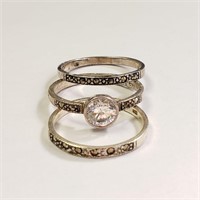 $200 Silver Cz And Marcasite 3 Ring Set