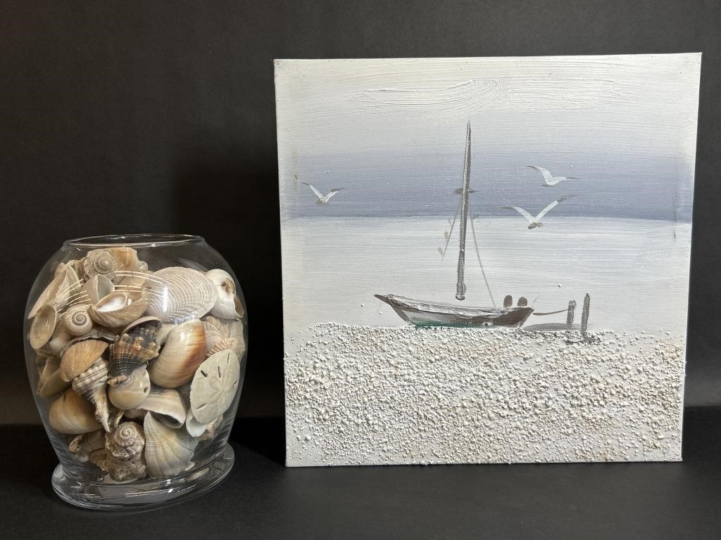 Sailing Theme Canvas Wall Art with Jar of Shells