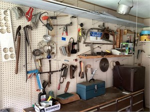 Assorted tools, cabinets, mini fridge