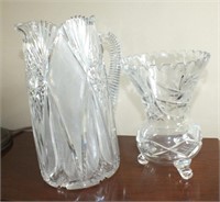 10" CUT GLASS PITCHER, 7" CUT GLASS FOOTED VASE