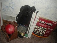 Dart Board, Badminton Set, Bowling Ball
