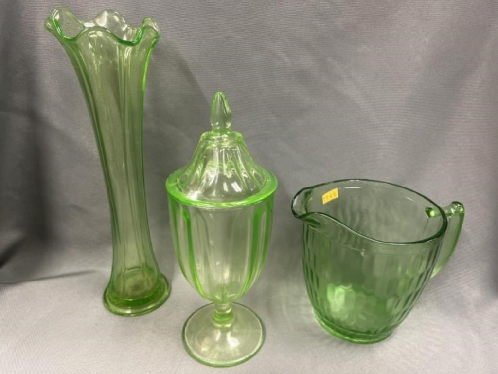 (3) Pieces Green Depression Glassware