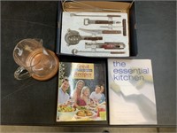 Bar Utensils, Glass Pitcher w/ base and Cook Books