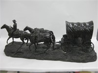 34" Signed Cast Bronze Horse & Wagon Statue