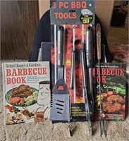 Lot of BBQ Tools & VIntage BBQ Cookbooks