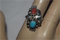 Unusual Sterling Silver Ring w/ Turquoise & Coral