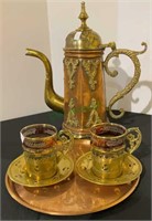 Turkish tea set - copper and brass teapot, glass