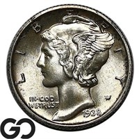 1938-D Mercury Dime, Full Split Bands, Gem BU FSB