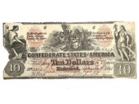 1861 Confederate CW Era 10 Dollar Bill
