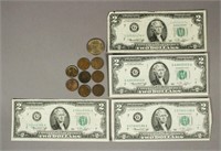 Assorted US. Coins & Bills - $2 & Wheat Pennies  .