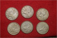 (6) Canada Silver 25 Cents 1938 to1964 Mix