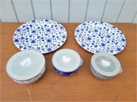 (2) Blue Plates & (3) Bowls with Covers