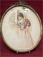 Watercolor, Framed, signed LMK, Girl in Dress,