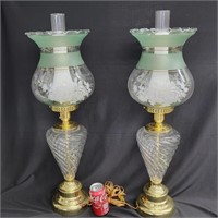 Pair Iridescent  Glass lamps, 32" total height