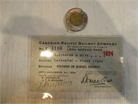 Québec ticket de train 1924 C.P.R.Co.
