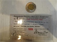 Québec ticket de train 1926 C.P.R Co.