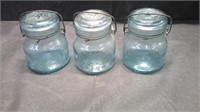 3 PIECE BLUE GLASS JARS