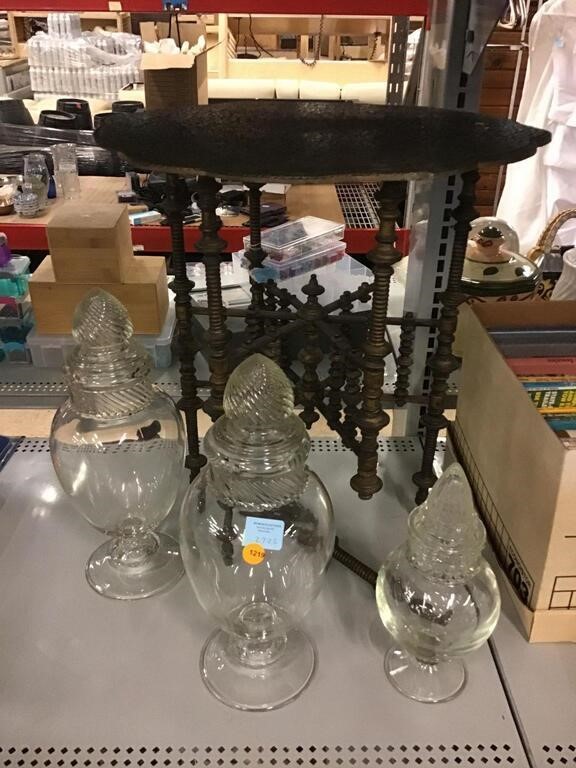 Apothecary Jars and Cast Metal Small Table