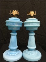 Pair of Russian  Empire Blue Milk Glass Oil Lamps