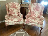 Set of wing back chairs w/ toile countryside scene
