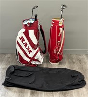 Pair of Golf Bags, Assorted Clubs, Rain Caddy