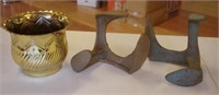 Two cast iron boot lasts & metal a planter pot