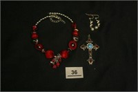 Red/Silver Costume Jewelry; Cross