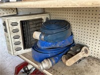 Three rolls of hose, gas heater and nails