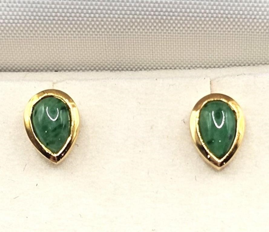 Pair of 14K Gold & Jade Teardrop Earrings
