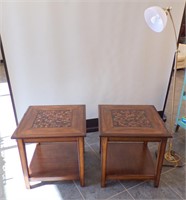 PAIR OF END TABLES W/INLAID TILE AND FLOOR LAMP