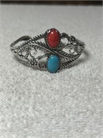 STERLING SILVER TURQUOISE AND CORAL ORNATE CUFF
