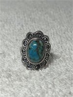 ORNATE STERLING SILVER TURQUOISE RING SZ  9.50