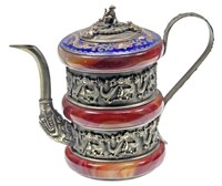 Chinese Silver Champleve Teapot W/ Red Jade