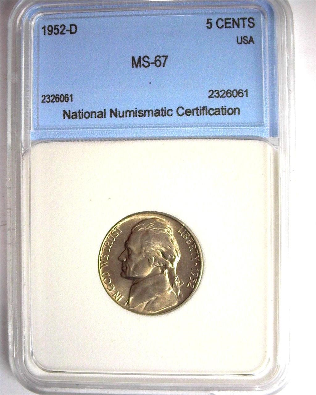 1952-D Nickel MS67 LISTS FOR $350