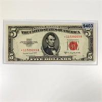 1953-B Red Seal $5 Bill UNCIRCULATED STAR